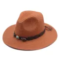 Chapeau de paille Fedora marron avec bande en cuir perlé, protection solaire de plage. - M (56-58cm) / Couleur caramel