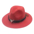 Red straw fedora hat detail featuring ethnic pattern band and metal bull skull decoration. - M (56-58cm) / Red