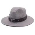 Detail shot of a grey woven fedora straw hat with dark leather belt and metal bull decor. - M (56-58cm) / Gray