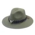 Ethnic style straw hat for summer beach and outdoor sun protection with bull skull decor - M (56-58cm) / Army Green