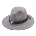 Detail view of a gray straw fedora hat with ethnic woven band and silver bull skull charm. - M (56-58cm) / Gray