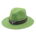 Green straw hat with leather band and bull skull decor for outdoor beach sun protection style. - M (56-58cm) / Green
