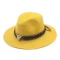 Yellow straw fedora hat for summer beach, western cowboy hat with metal bull skull and ethnic band. - M (56-58cm) / Yellow