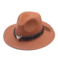 Brown straw fedora hat detail, featuring ethnic woven band and silver bull skull accent. - M (56-58cm) / Caramel color