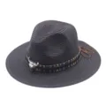 Black straw fedora hat detail featuring ethnic patterned band and metallic bull skull decor. - M (56-58cm) / Black