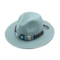 Cappello da cowboy in paglia azzurra con fascia di perline turchesi, ideale per protezione solare. - M（56-58cm） / Ciano