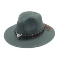 Green straw hat with tribal band and bull skull decor, perfect for summer beach sun protection. - M (56-58cm) / Dark Green