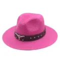 Chapeau de paille rose femme ete protection solaire plage panama avec decor de taureau metal - M (56-58cm) / Rose rouge