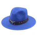 Chapeau fedora en paille bleue, chapeau panama de plage avec ceinture en cuir et crâne de taureau. - M (56-58cm) / Bleu saphir