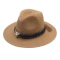 Summer straw fedora hat with tribal band and bull skull decor for men and women beach wear. - M (56-58cm) / Khaki