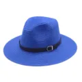 Blauwe strooien fedora zonnehoed voor dames en heren met zwarte riemgesp brede rand strand zomer - M (56-58cm) / Saffierblauw