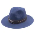 Detailed close-up view of blue summer straw fedora hat featuring western bull skull leather band. - M (56-58cm) / Navy Blue