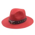 Red straw fedora hat for summer beach sun protection with brown leather belt and bull skull. - M (56-58cm) / Red