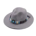 Cappello di paglia western grigio con fascia di perline, tesa larga per viaggio all'aperto. - M（56-58cm） / Grigio