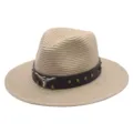 Unisex straw sun hat with brown leather band bull skull decor summer beach fedora hat. - M (56-58cm) / Beige