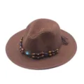 Brauner geflochtener Strohhut Fedora mit Holzperlen Türkis Strand Sommer Sonnenhut - M (56-58cm) / Kaffeebraun