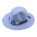 Cappello di paglia blu con fascia di perline turchesi, ideale per la protezione solare estiva. - M（56-58cm） / Celeste