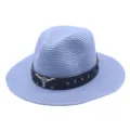 Chapeau de paille bleu clair pour femme avec bande en cuir, crâne de taureau et rivets. - M (56-58cm) / Bleu ciel