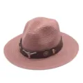 Chapeau de paille western rétro chapeau de soleil jazz avec ceinture en cuir et taureau - M (56-58cm) / Vieux rose