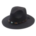 Chapeau de paille noir fedora chapeau de soleil avec lanière en cuir perles en bois large bord - M (56-58cm) / Noir