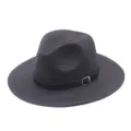 Chapeau de paille Fedora noir classique avec boucle, large bord pour protection solaire plage. - M (56-58cm) / Noir