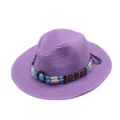 Cappello di paglia western cowboy viola con fascia di perline, tesa larga protezione solare. - M（56-58cm） / Viola