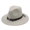 Chapeau de paille ete fedora homme femme large bord protection solaire plage blanc. - M (56-58cm) / Crème