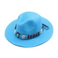 Cappello di paglia blu per uomo e donna, tesa larga, cappello da sole con perline per viaggi. - M（56-58cm） / Blu lago