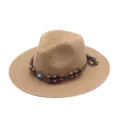 Damen Sommer Strohhut Strand Sonnenschutz gewebter Jazzhut mit Perlenband und Quaste - M (56-58cm) / Khaki