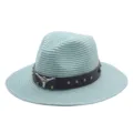 Summer straw hat unisex sun protection beach panama fedora hat with bull skull decor - M (56-58cm) / Cyan