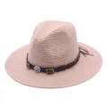 Chapeau fedora en paille d'été pour hommes et femmes, large bord anti-UV pour voyage en plein air. - M (56-58cm) / Rose Poudré