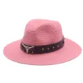Pink straw cowboy hat with metal bull skull decor and stud band summer sun hat - M (56-58cm) / Dark Skin Red