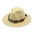 Damen böhmischer Stroh Fedora Hut mit Holzperlen Band Sommer Strand Sonnenschutz Kappe - M (56-58cm) / Beige
