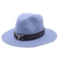 Light blue straw fedora hat with brown leather band and bull skull emblem, summer sun hat. - M (56-58cm) / Sky Blue