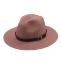 Unisex zomer strohoed met zwarte lederen riem en gesp, brede rand voor strand buiten in zon. - M (56-58cm) / Oudroze