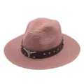 Pink straw fedora sun hat with brown leather belt, metal studs and bull skull decor for summer. - M (56-58cm) / Dusty Pink