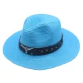 Chapeau de paille cowboy western bleu pour femme, fedora de plage d'été respirant pour voyage - M (56-58cm) / Bleu lac