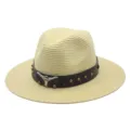 Unisex straw sun hat with leather band and bull skull decor for summer beach and outdoor wear - M (56-58cm) / Beige