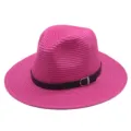 Roze strohoed zonnehoed voor dames en heren, breed gerande strandhoed met zwarte lederen riem. - M (56-58cm) / Rozerood