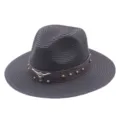 Dark grey straw fedora hat for men and women, summer sun protection panama hat with brown band. - M (56-58cm) / Black