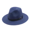 Blauwe strooien zonnehoed met zwarte riem, brede rand voor zomer strand UV bescherming - M (56-58cm) / Marineblauw