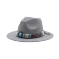 Γκρι Μάλλινο Καπέλο Fedora Western Cowboy για Άνδρες με Bohemian Τουρκουάζ Χάντρες - M (56-58cm) / Ανοιχτό γκρι