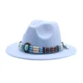 Γαλάζιο μάλλινο καπέλο φεντόρα με boho ζώνη από χάντρες, στιλάτο γουέστερν καπέλο τζαζ - M (56-58cm) / Γαλάζιο