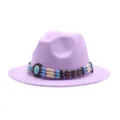 Μωβ μάλλινο καπέλο καουμπόι fedora με εθνοτική τιρκουάζ χάντρα ζώνη στυλ παραλλαγή. - M (56-58cm) / Ανοιχτό Μοβ