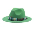 Πράσινο μάλλινο καπέλο fedora με boho χάντρες, δυτικό καπέλο jazz για καθημερινή χρήση - M (56-58cm) / σκούρο πράσινο