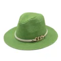 Chapeau de paille vert pour femme, élégant fedora de soleil avec chaîne pour l'été en plein air. - M (56-58cm) / Vert