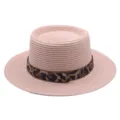 Dames platte strohoed met stijlvolle luipaardprint band zomer strand zonbescherming hoed. - M (56-58cm) / Oudroze