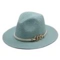 Détail de chapeau fedora en paille vert menthe avec corde blanche et chaîne dorée. - M (56-58cm) / Cyan
