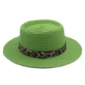 Groene platte strohoed met luipaardband zomer strand zonnehoed voor dames detail - M (56-58cm) / Groen