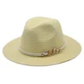 Chapeau de Paille Femme Été Anti-UV Fedora Plage Chapeau avec Élégante Chaîne Décoration - M (56-58cm) / Beige